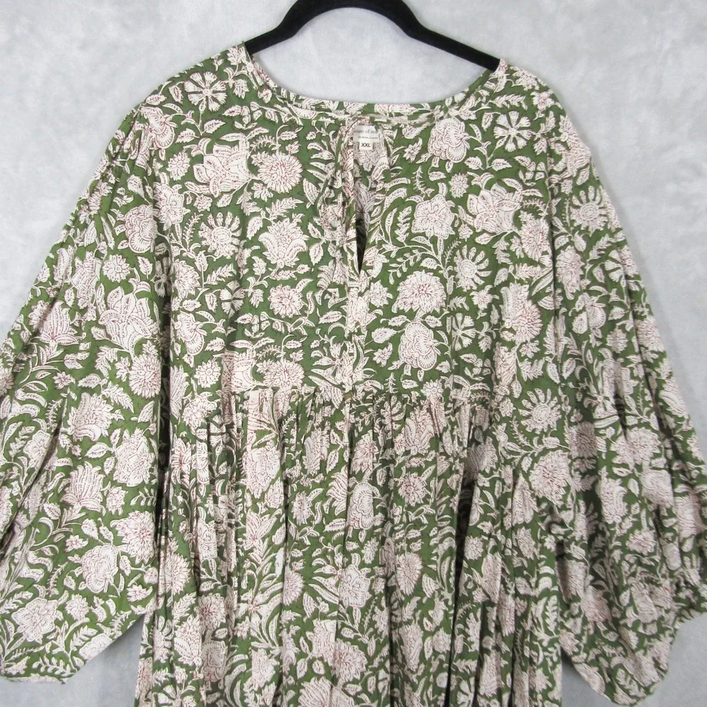 House of Sundar Mini Dress XXL Floral Print Green Pink Cotton Tie Neck - Picture 2 of 11